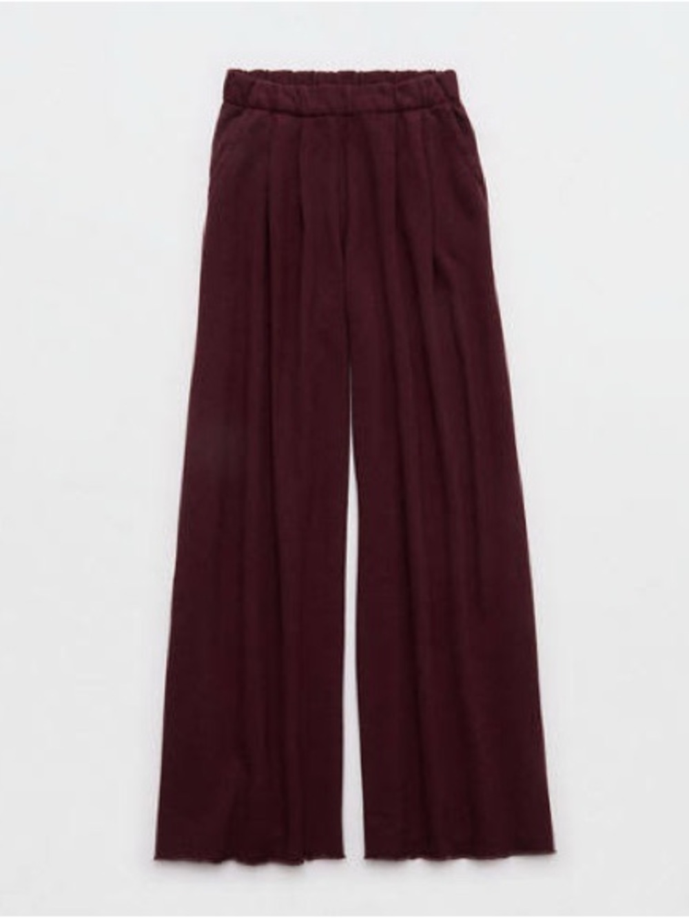 aerie Long Wide-Leg Knit Fleece Pleated Trouser Pants in Brown- Canyon Sun